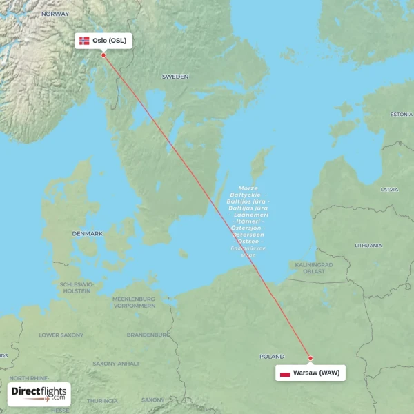 Warsaw - Oslo direct flight map