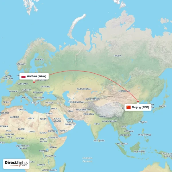 Warsaw - Beijing direct flight map