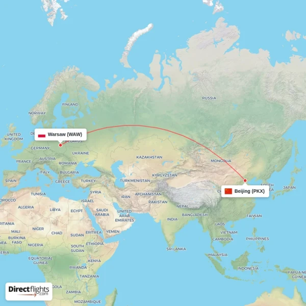 Warsaw - Beijing direct flight map