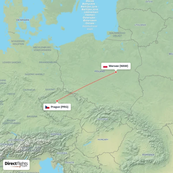Warsaw - Prague direct flight map