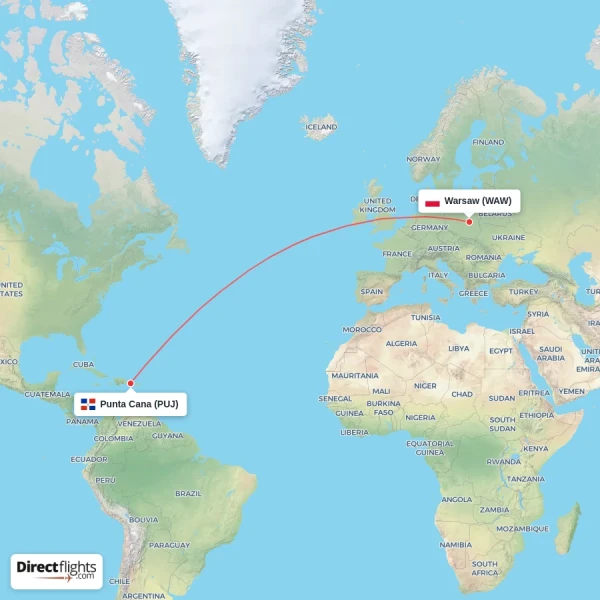 Warsaw - Punta Cana direct flight map