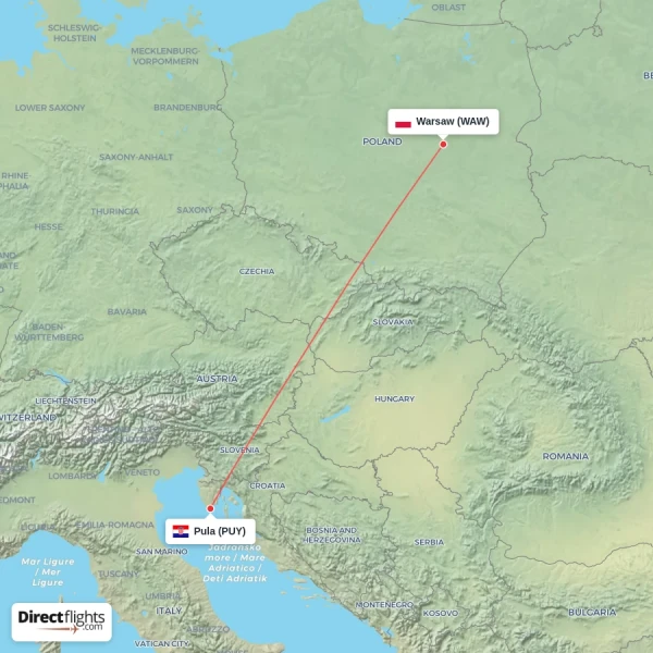 Warsaw - Pula direct flight map