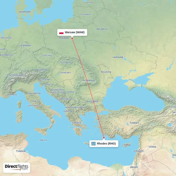 Warsaw - Rhodes direct flight map