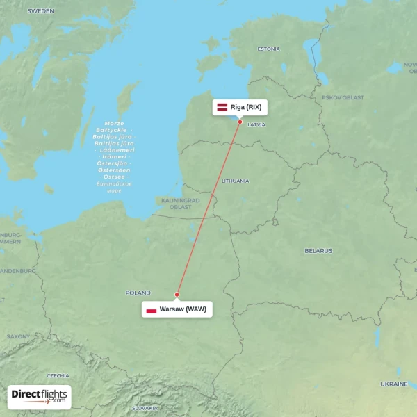 Warsaw - Riga direct flight map