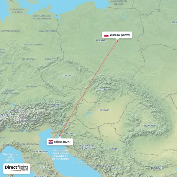 Warsaw - Rijeka direct flight map