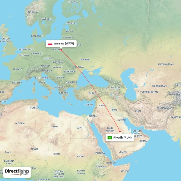 Warsaw - Riyadh direct flight map
