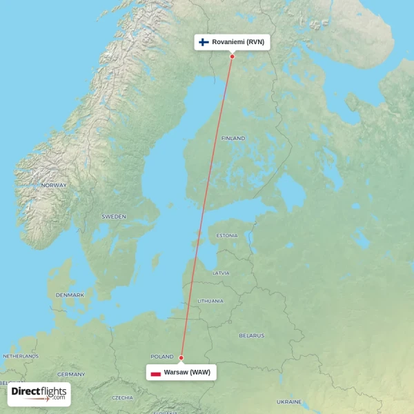 Warsaw - Rovaniemi direct flight map