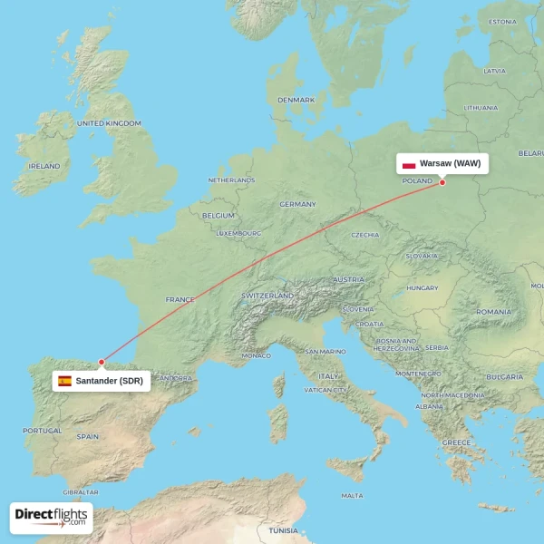 Warsaw - Santander direct flight map