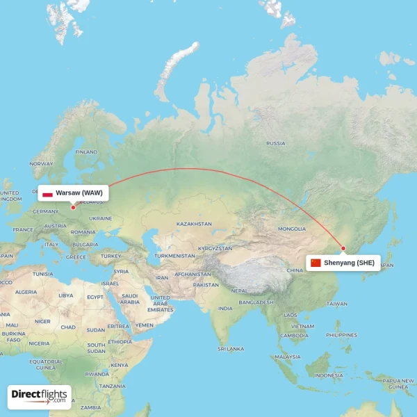 Warsaw - Shenyang direct flight map
