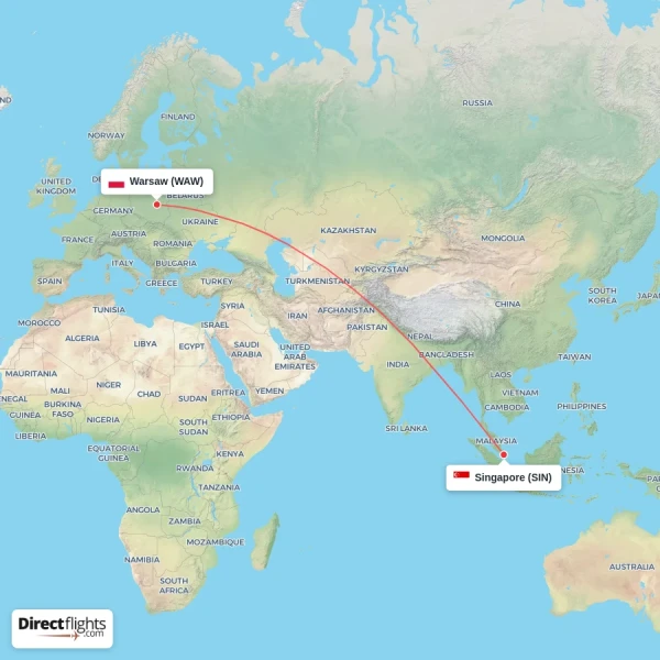 Warsaw - Singapore direct flight map