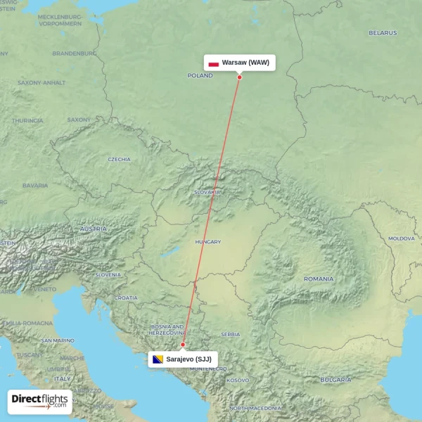 Warsaw - Sarajevo direct flight map