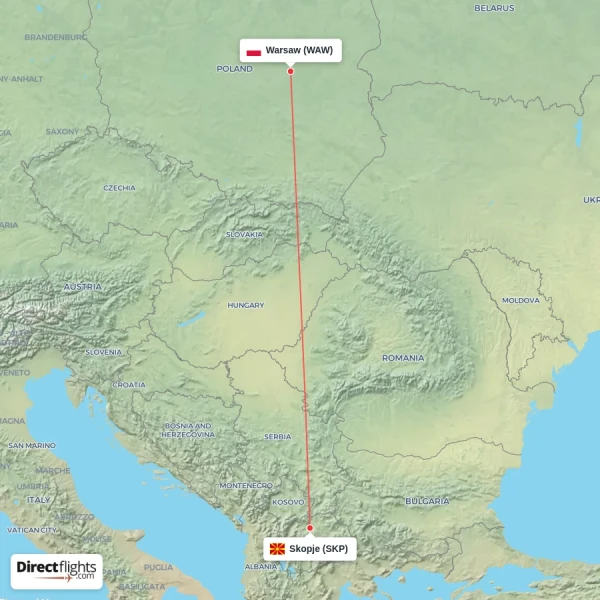 Warsaw - Skopje direct flight map