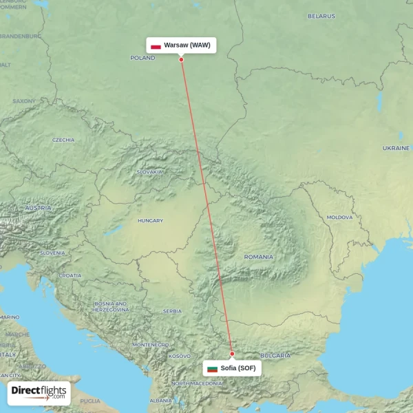 Warsaw - Sofia direct flight map