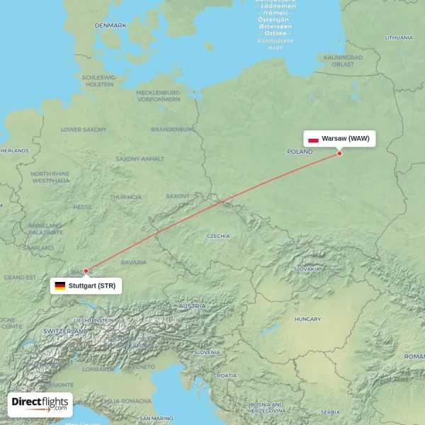 Warsaw - Stuttgart direct flight map