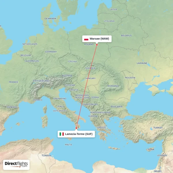 Warsaw - Lamezia-Terme direct flight map
