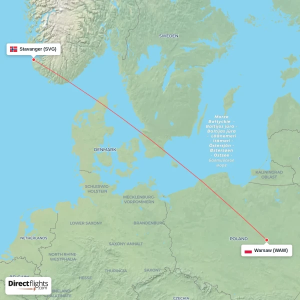 Warsaw - Stavanger direct flight map