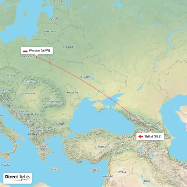 Warsaw - Tbilisi direct flight map