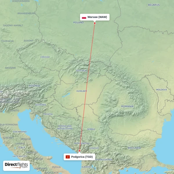Warsaw - Podgorica direct flight map
