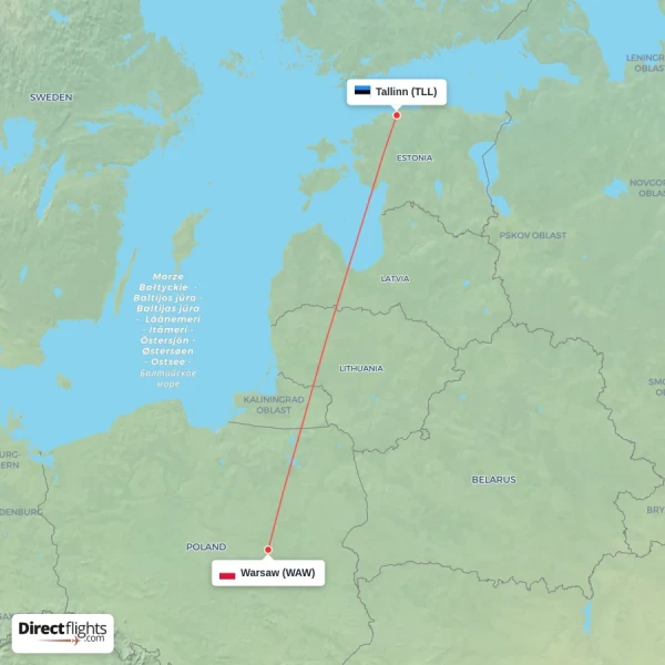 Warsaw - Tallinn direct flight map