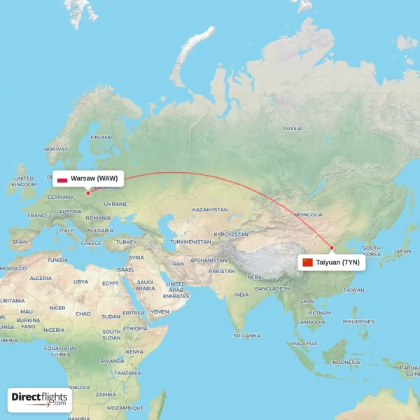 Warsaw - Taiyuan direct flight map