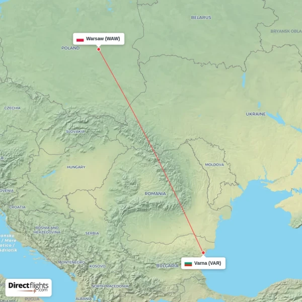 Warsaw - Varna direct flight map