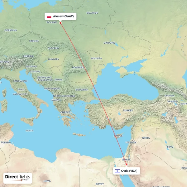 Warsaw - Ovda direct flight map