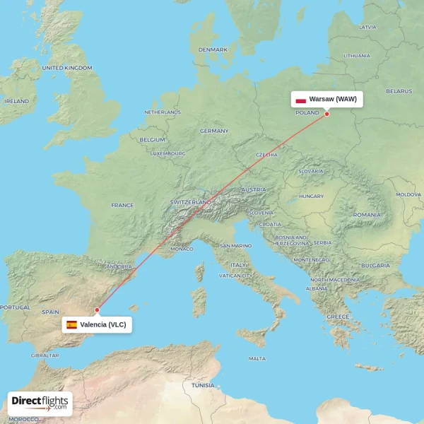 Warsaw - Valencia direct flight map