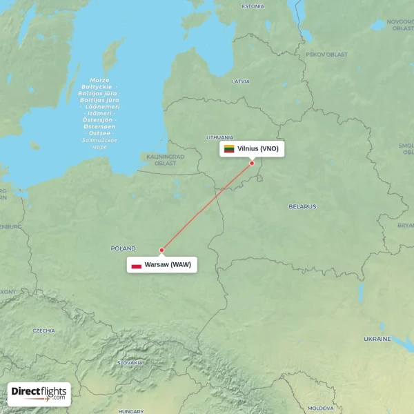Warsaw - Vilnius direct flight map