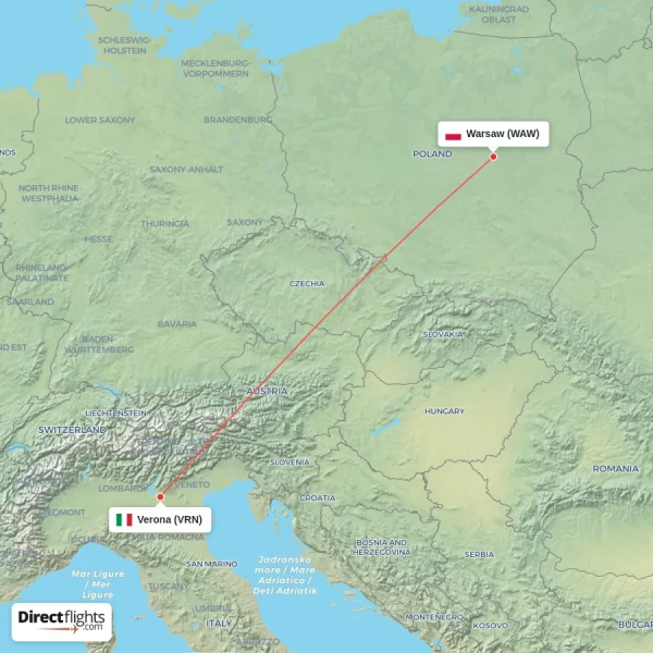 Warsaw - Verona direct flight map