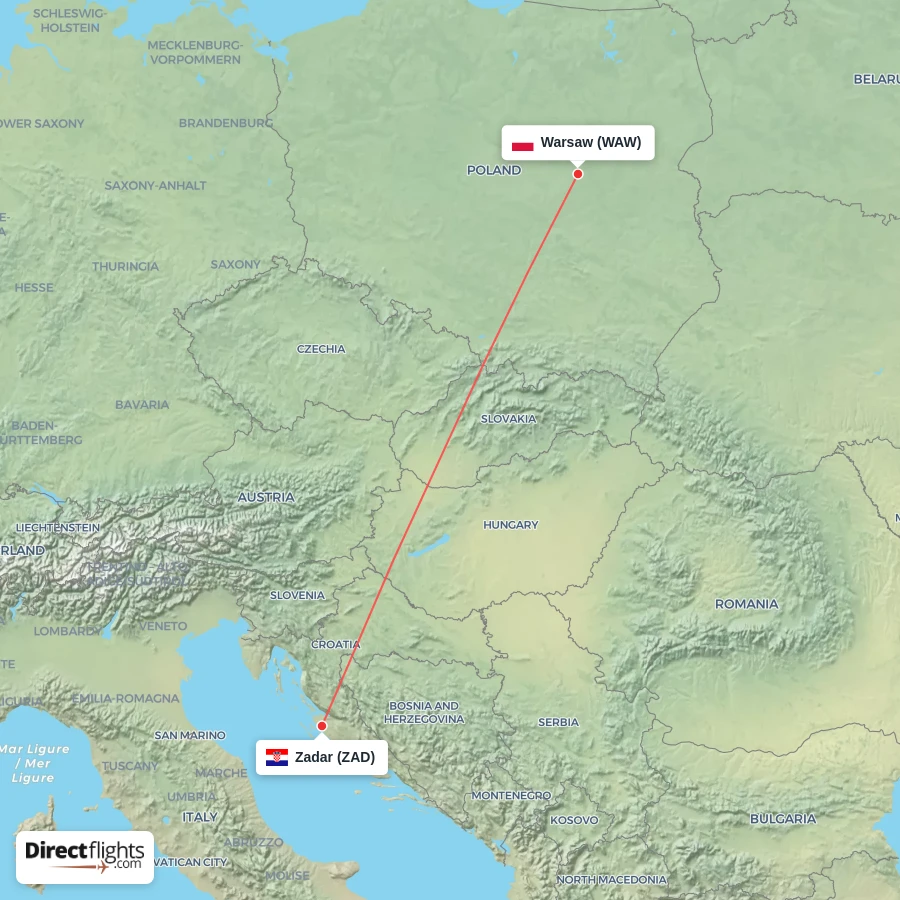 WAW - ZAD route map