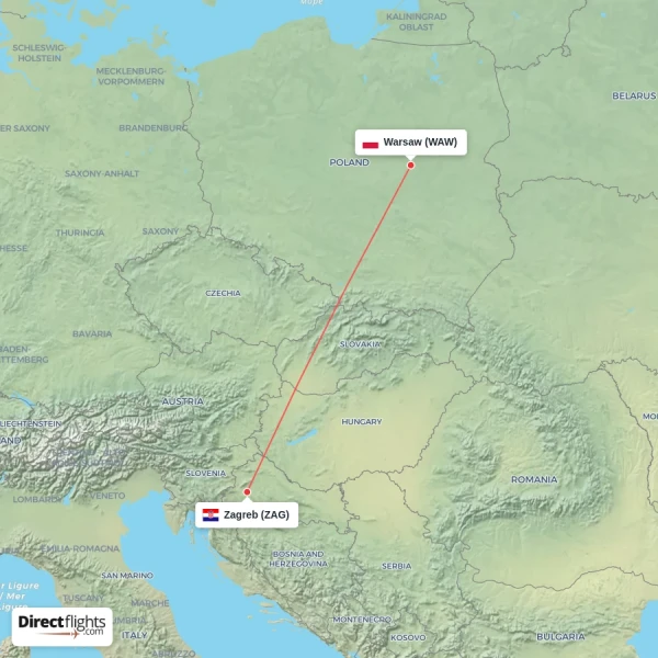 Warsaw - Zagreb direct flight map