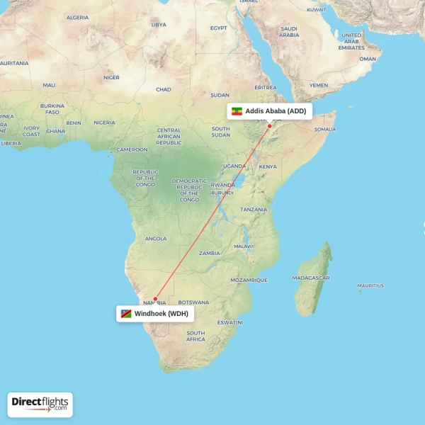 Windhoek - Addis Ababa direct flight map