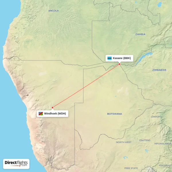 Windhoek - Kasane direct flight map