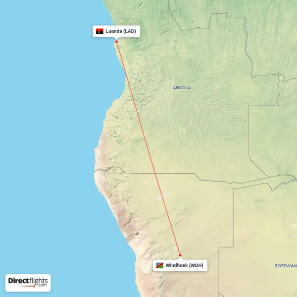 Windhoek - Luanda direct flight map