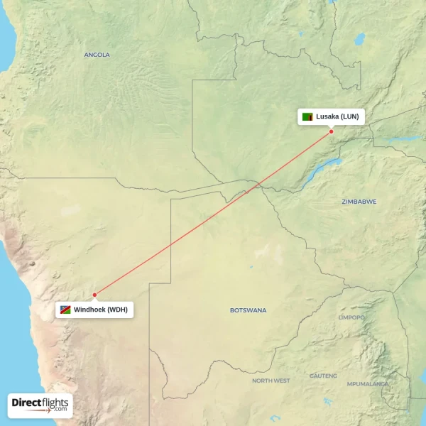 Windhoek - Lusaka direct flight map