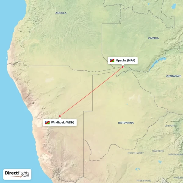 Windhoek - Mpacha direct flight map