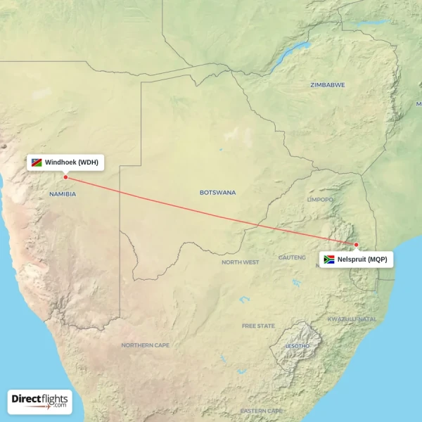 Windhoek - Nelspruit direct flight map