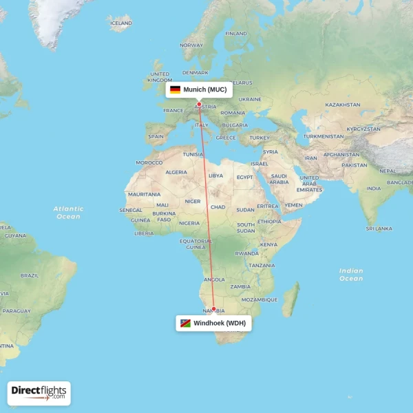 Windhoek - Munich direct flight map