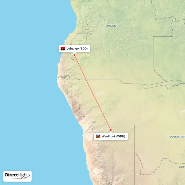 Windhoek - Lubango direct flight map