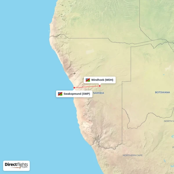 Windhoek - Swakopmund direct flight map