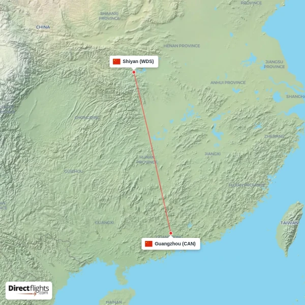 Shiyan - Guangzhou direct flight map