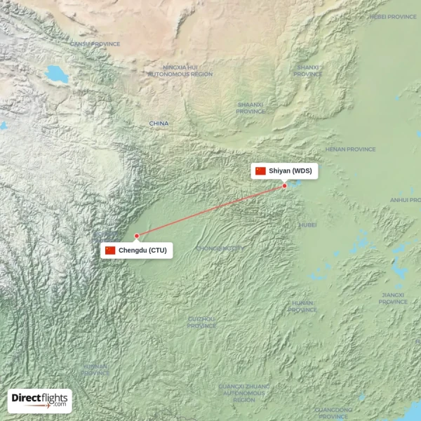 Shiyan - Chengdu direct flight map