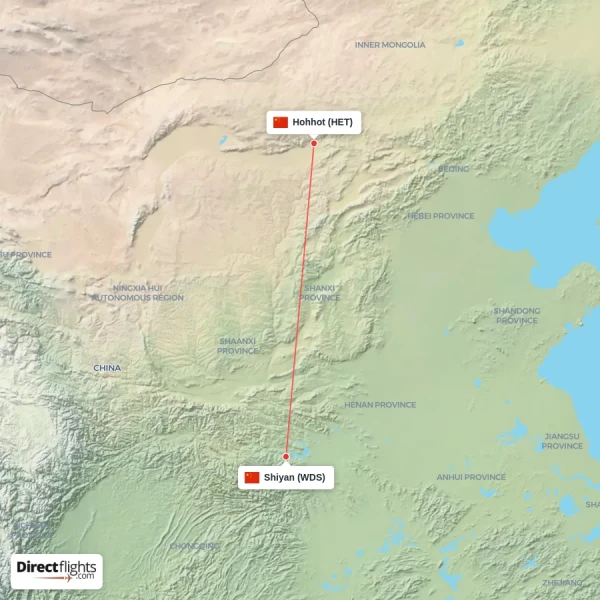 Shiyan - Hohhot direct flight map