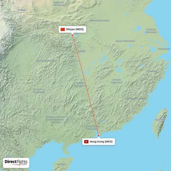 Shiyan - Hong Kong direct flight map