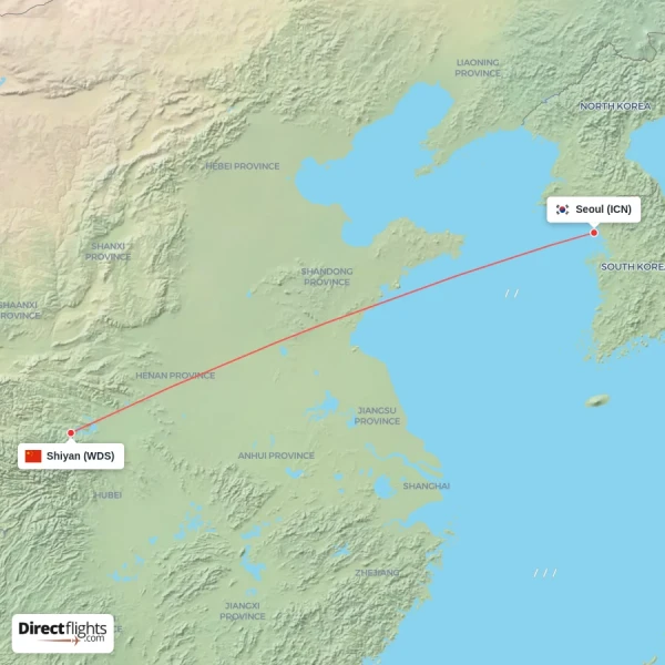 Shiyan - Seoul direct flight map