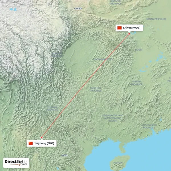 Shiyan - Jinghong direct flight map