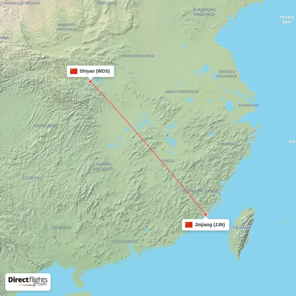 Shiyan - Jinjiang direct flight map