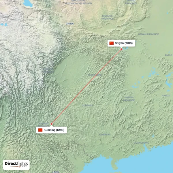 Shiyan - Kunming direct flight map