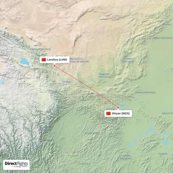 Shiyan - Lanzhou direct flight map