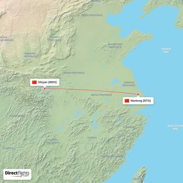 Shiyan - Nantong direct flight map